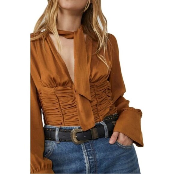 Free People Meet Me There Buttondown Top in Amber X-Small New Womens Blouse - Picture 11 of 14
